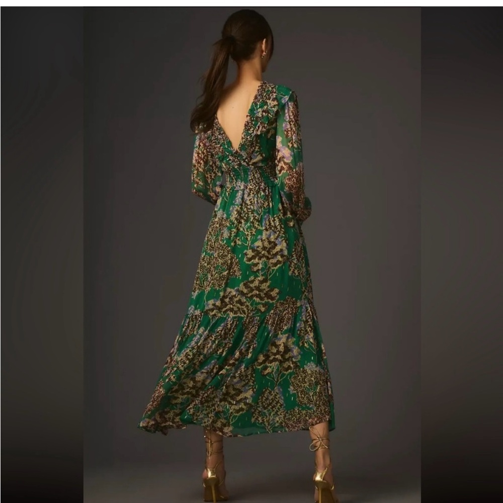 Anthropologie Ruffled V Neck Midi Dress Green